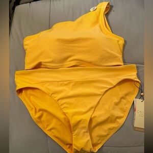 Calia One-Shoulder Ribbed BikiniTop with Wide Band Swim Bottom Sunrise Orange